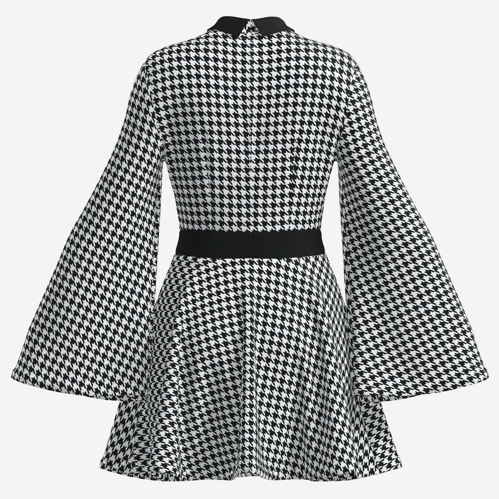 70s Dress Style, Retro Black Houndstooth Bell Sleeve Mini Dress | Retro Chiffon A-Line Disco Dress