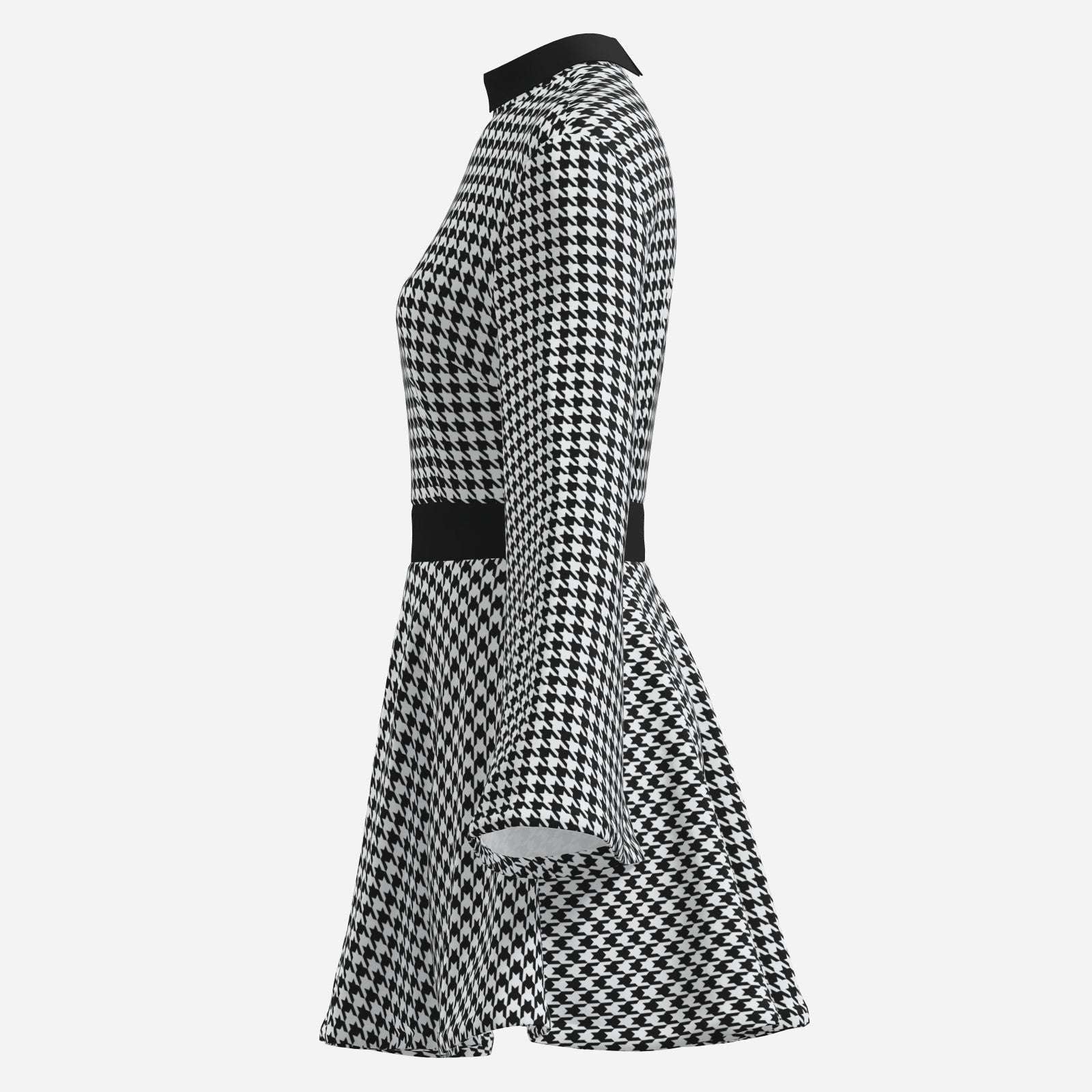 70s Dress Style, Retro Black Houndstooth Bell Sleeve Mini Dress | Retro Chiffon A-Line Disco Dress