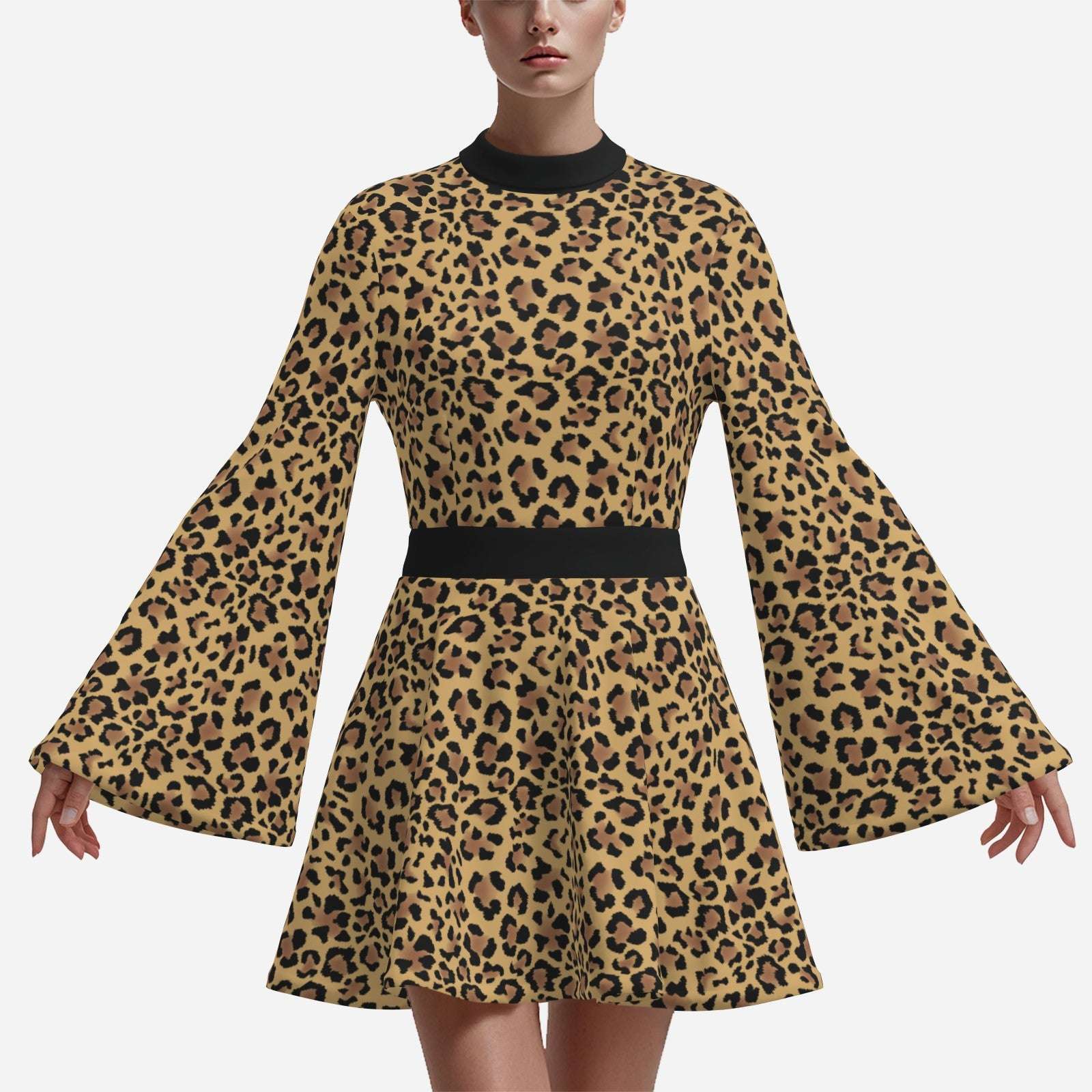 Animal Print 70s Dress Style | Retro Leopard Print Chiffon Bell Sleeve Mini Dress | 70s inspired Disco Dress
