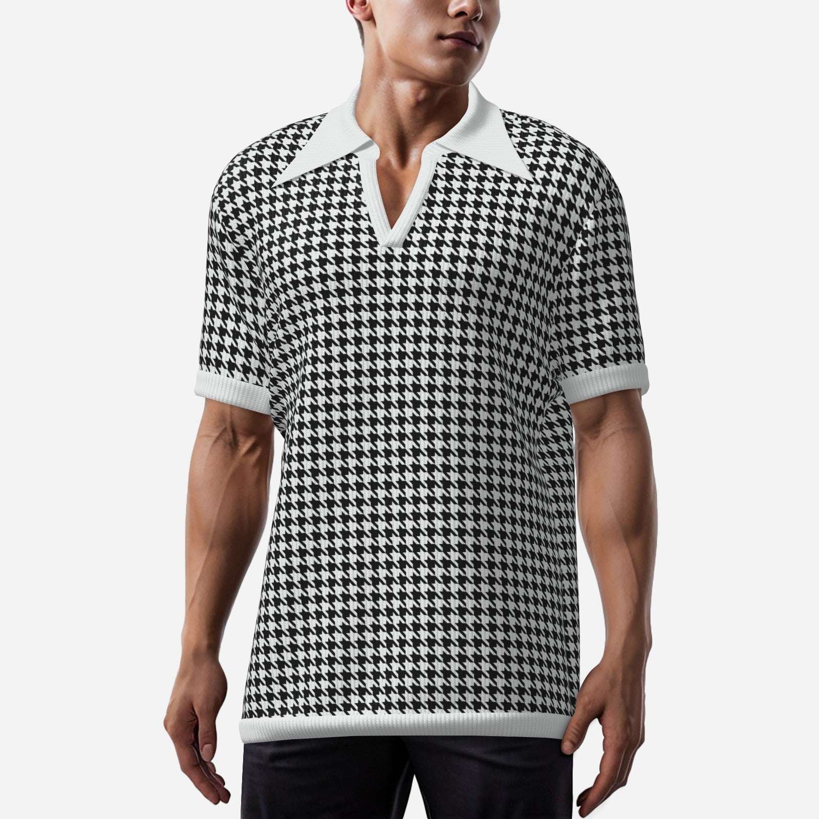 Retro Men's Houndstooth Knit Polo Shirt | 60s 70s Style Wing Collar Shirt | Houndstooth Shirt Men