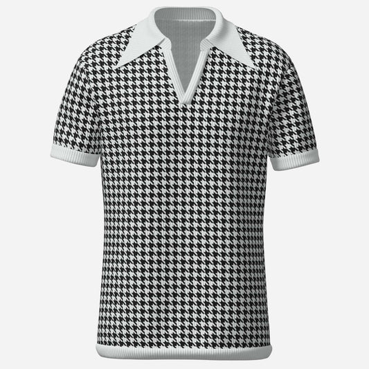 Retro Men's Houndstooth Knit Polo Shirt | 60s 70s Style Wing Collar Shirt | Houndstooth Shirt Men