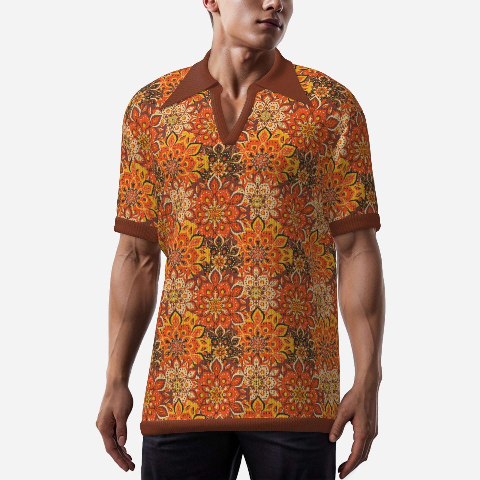 70s shirt style, Retro knit Polo Shirt, 70s Hippie Shirt Men, Brown Orange Floral Polo Shirt