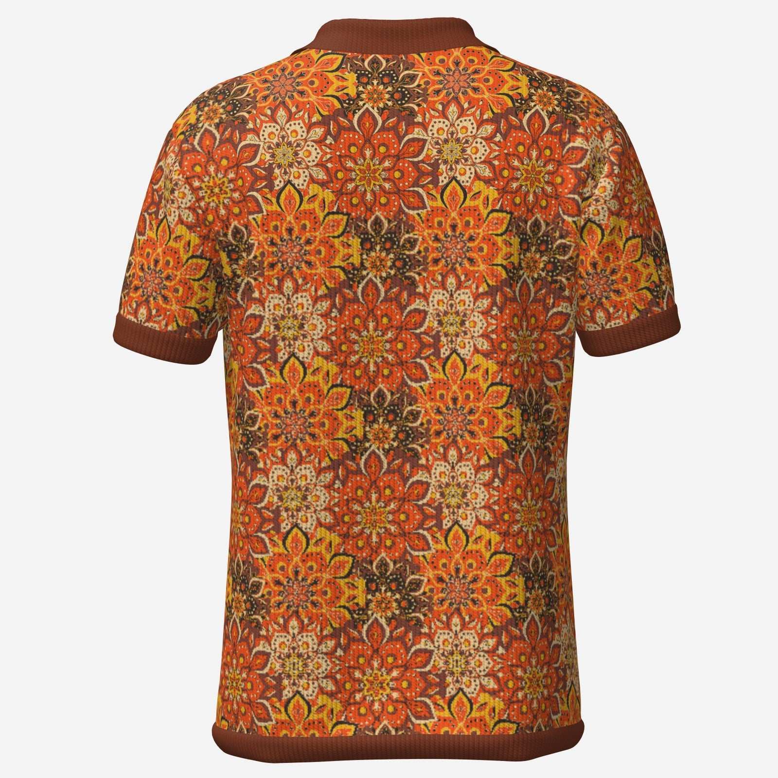 70s shirt style, Retro knit Polo Shirt, 70s Hippie Shirt Men, Brown Orange Floral Polo Shirt