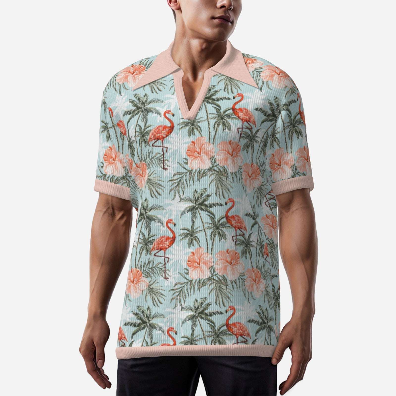 Retro Flamingo Tropical Knit Polo Shirt for Men | 70s Wing Collar Shirt | 70s Style Polo Shirt