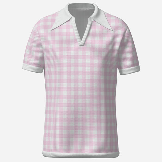 Retro Polo Shirt, 70s Polo Shirt, Pink Gingham Polo Shirt, 70s Wing Collar Shirt