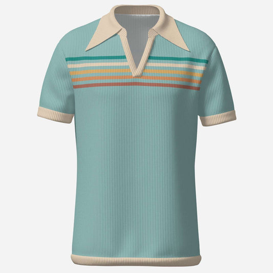 Retro Polo Shirt, Men's 70s Wing Collar Shirt, Blue Stripe Knit Polo Shirt, 70s Style Shirt Men