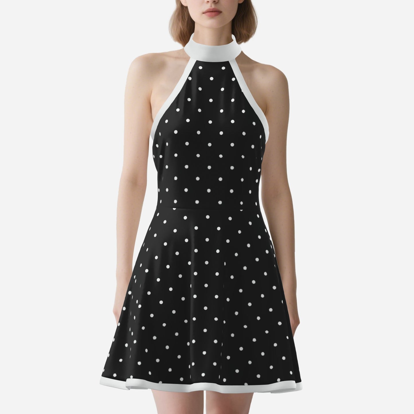 Vintage 60s Style Black Polka Dot Dress | Mod Dress| Black Halter Mini Dress | Retro A-Line mini dress