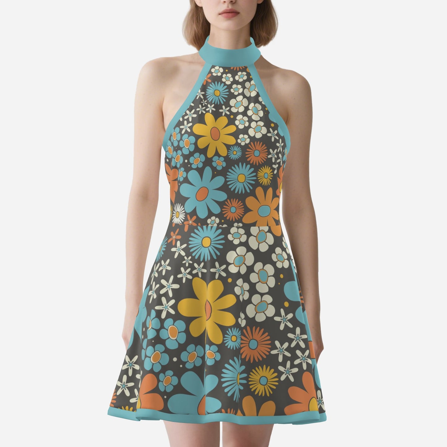 60s Dress Style | Blue Halter Dress | Floral Mini Dress – Go-Go Style Dress | A-line mini dress