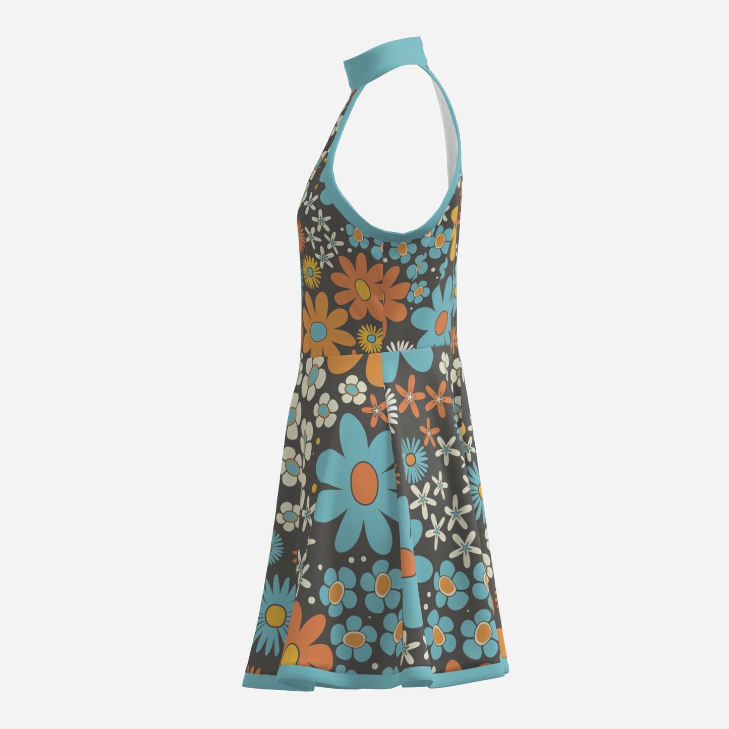 60s Dress Style | Blue Halter Dress | Floral Mini Dress – Go-Go Style Dress | A-line mini dress