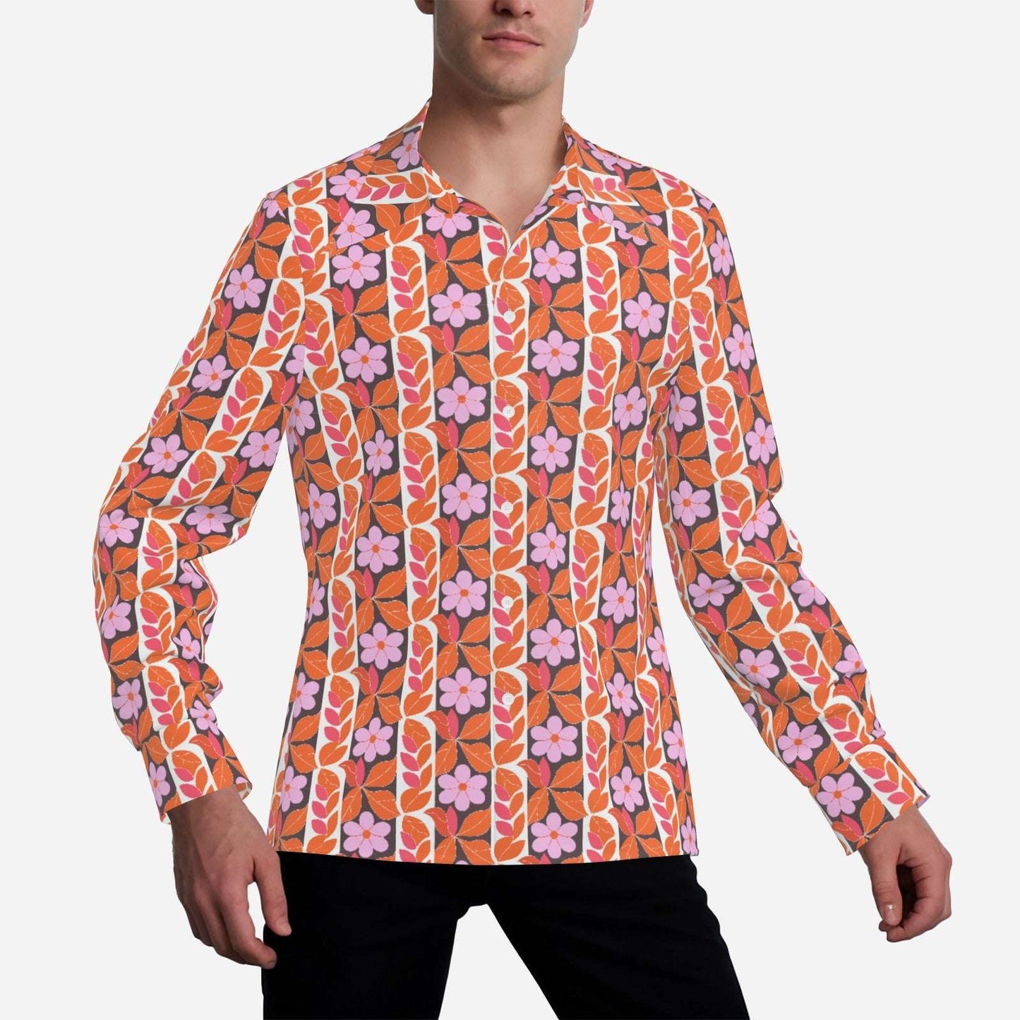 70s Men's Floral Disco Shirt | Retro Wing Collar Hippie Top | 70s Boho Orange & Pink Floral Shirt