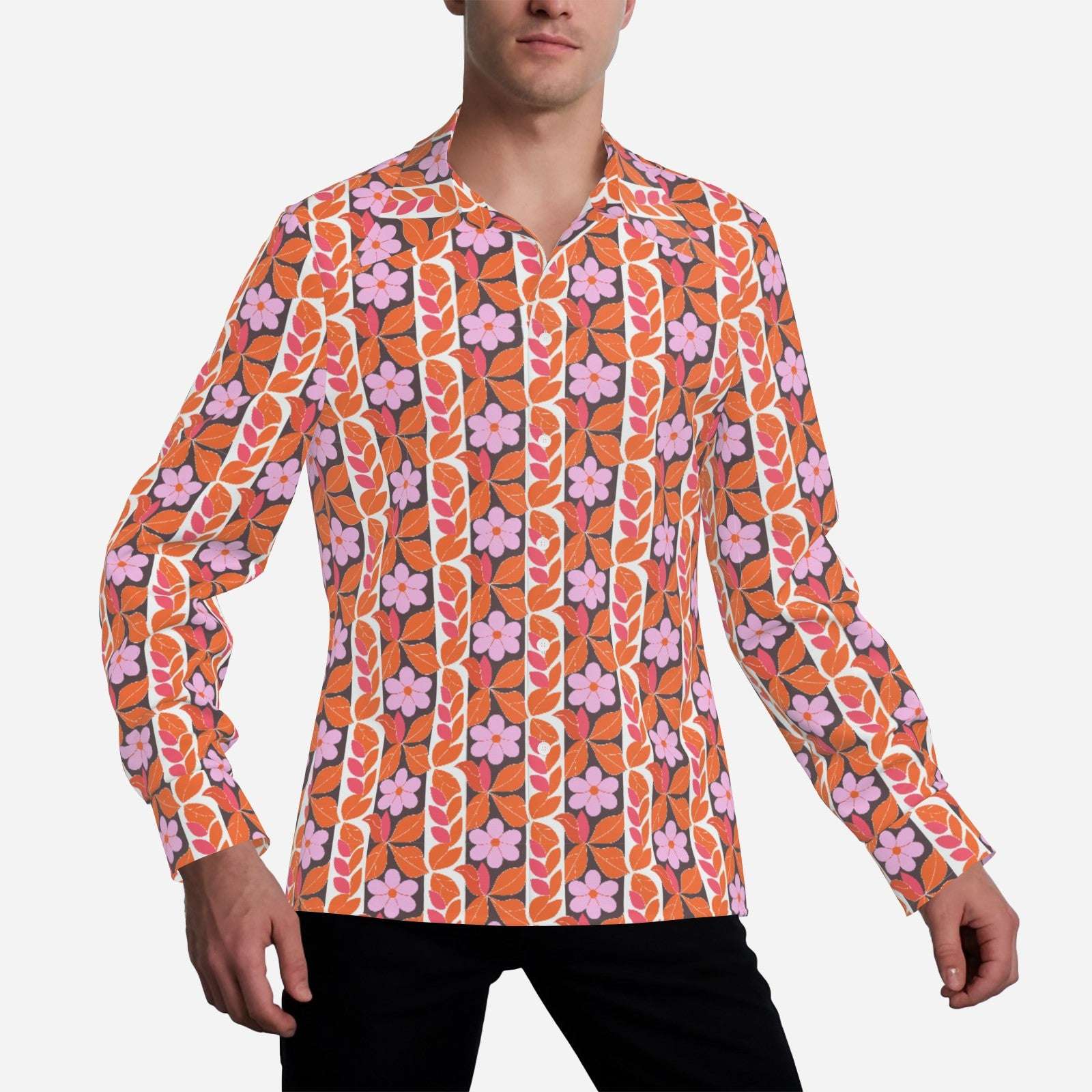 70s Men's Floral Disco Shirt | Retro Wing Collar Hippie Top | 70s Boho Orange & Pink Floral Shirt