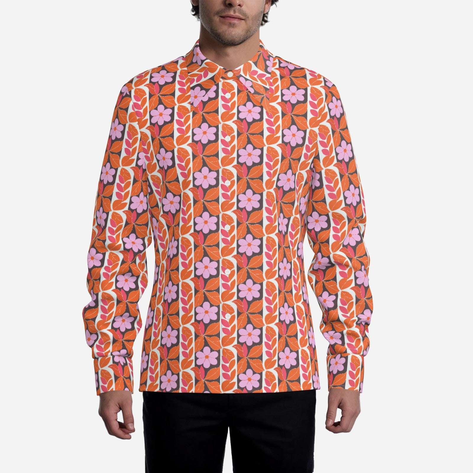 70s Men's Floral Disco Shirt | Retro Wing Collar Hippie Top | 70s Boho Orange & Pink Floral Shirt