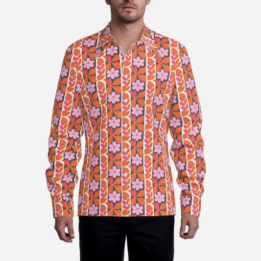 70s Men's Floral Disco Shirt | Retro Wing Collar Hippie Top | 70s Boho Orange & Pink Floral Shirt