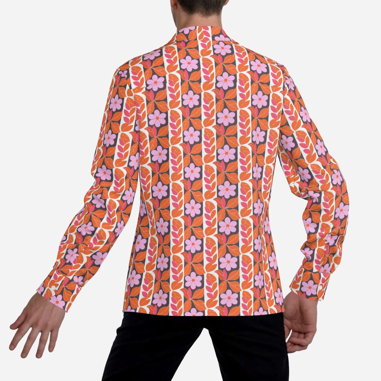 70s Men's Floral Disco Shirt | Retro Wing Collar Hippie Top | 70s Boho Orange & Pink Floral Shirt
