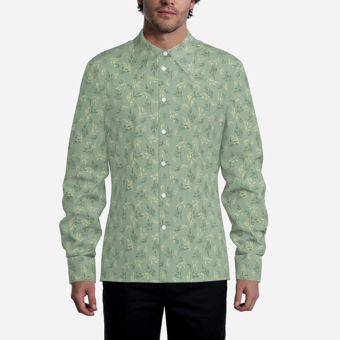 70s Style Shirt Men | Mint Green Shirt Men | Floral Wing Collar Shirt | Retro Dagger Collar Shirt