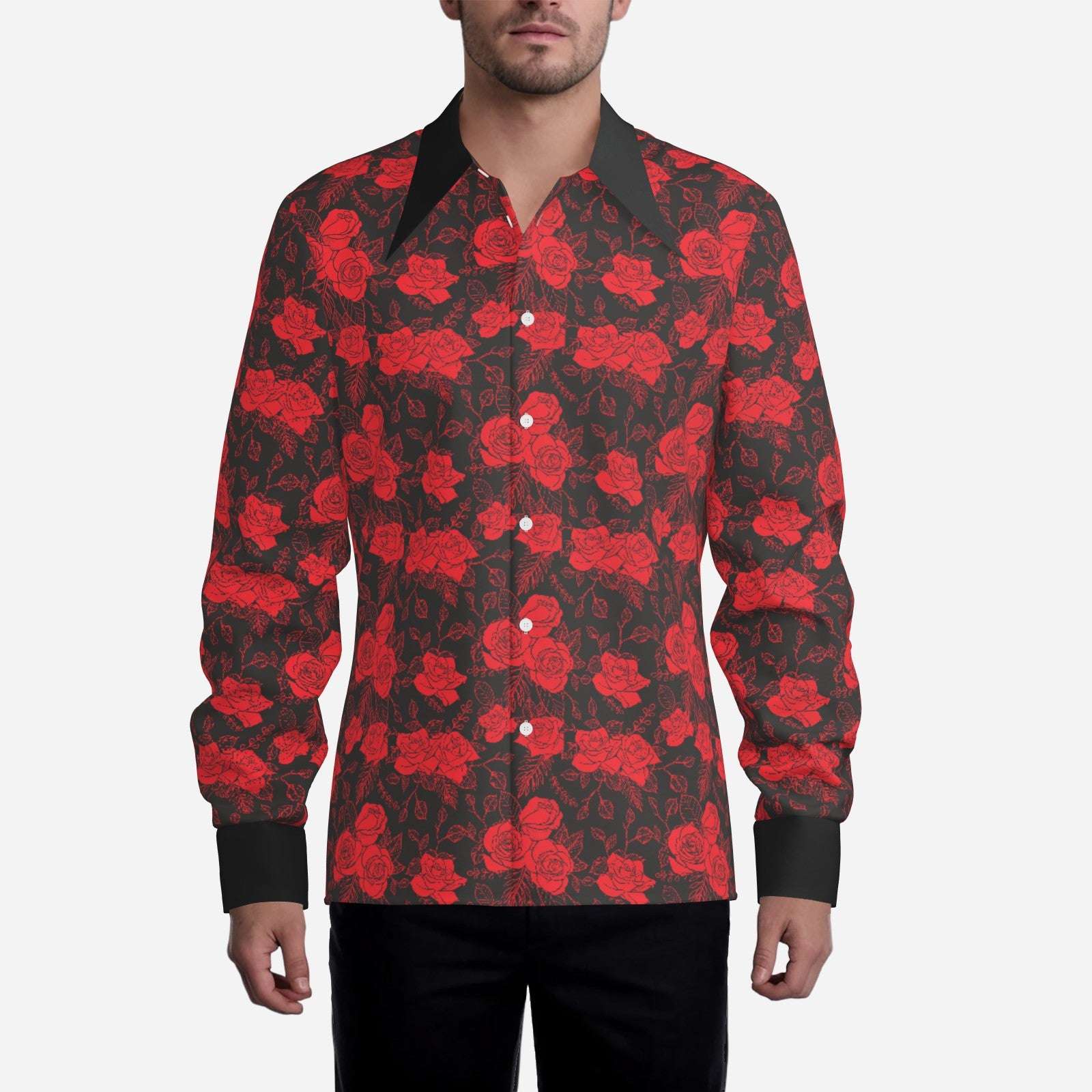 Groovy 70s Men's Rose Print Shirt | Wing Collar Hippie Shirt | Retro Disco Floral Top