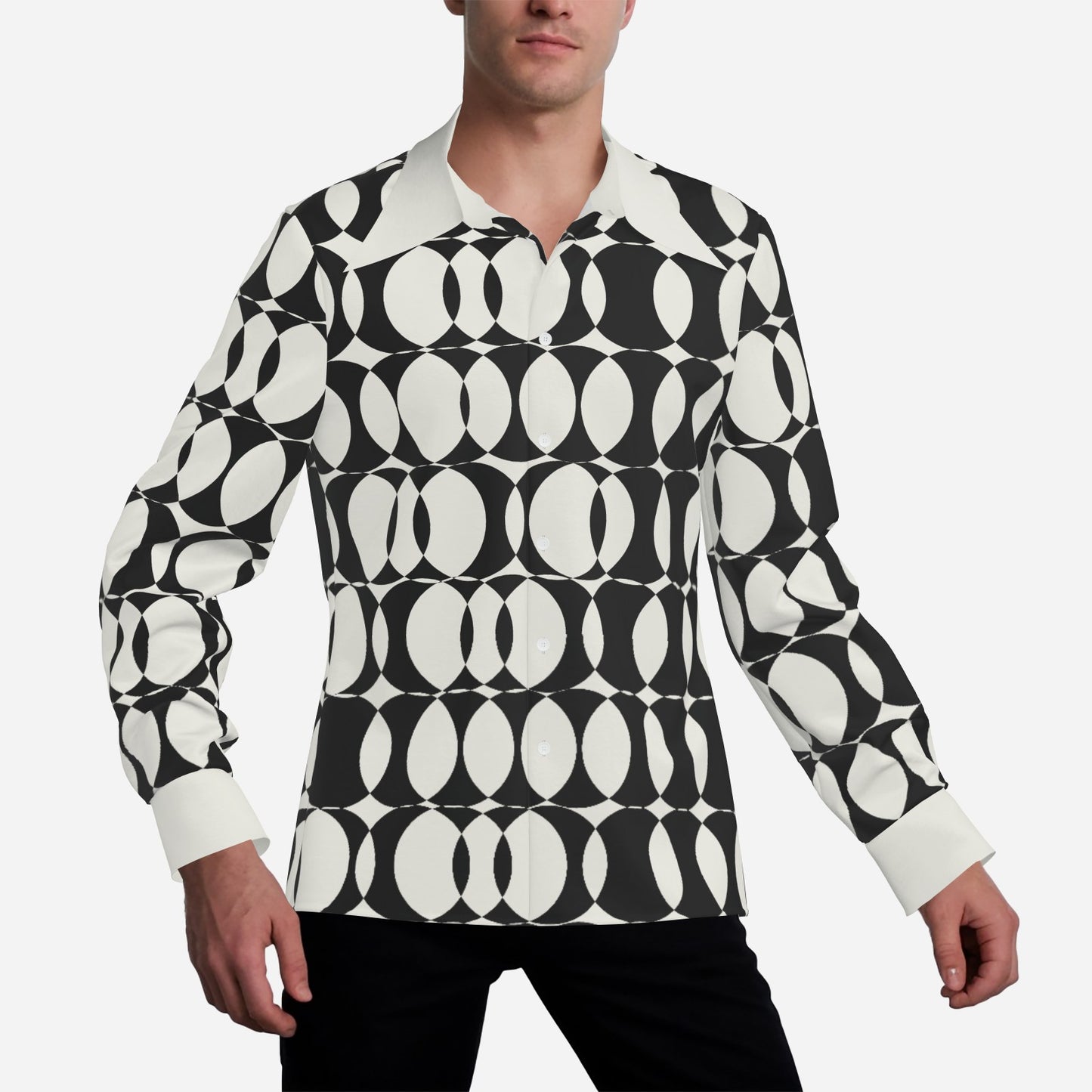 Men's 70s Style Shirt, Op Art Shirt, Black and White Geometric Shirt, Wing Collar Shirt