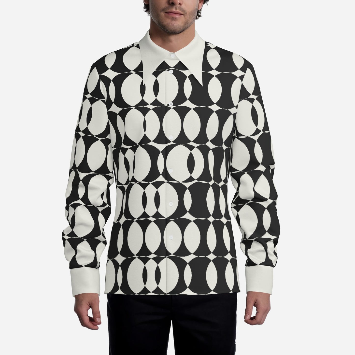 Men's 70s Style Shirt, Op Art Shirt, Black and White Geometric Shirt, Wing Collar Shirt