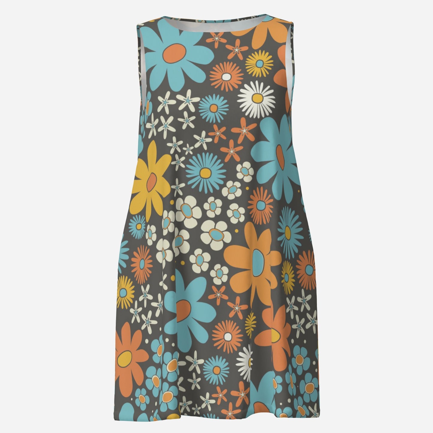60s Style Dress, Mod Blue Floral Tent Dress | Retro Sleeveless Mini Dress | 60s Go-Go Dress