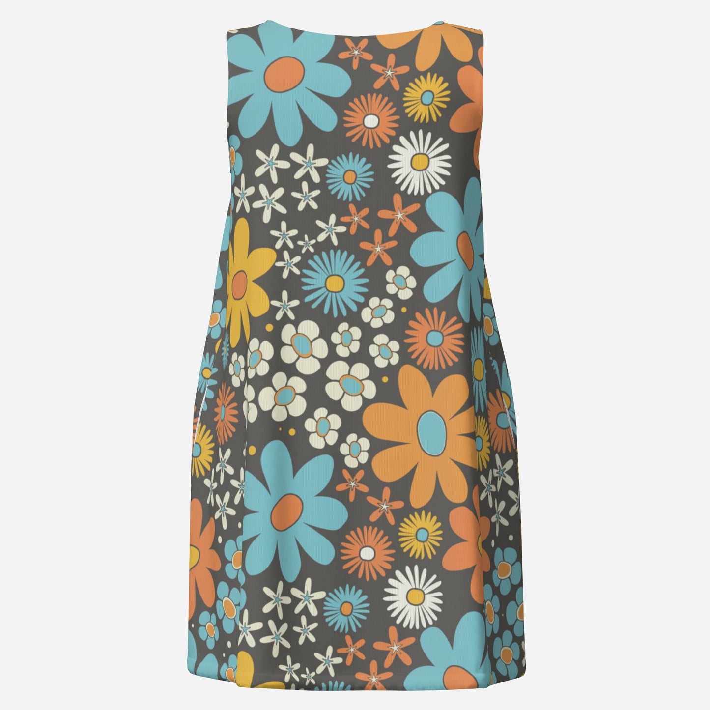 60s Style Dress, Mod Blue Floral Tent Dress | Retro Sleeveless Mini Dress | 60s Go-Go Dress
