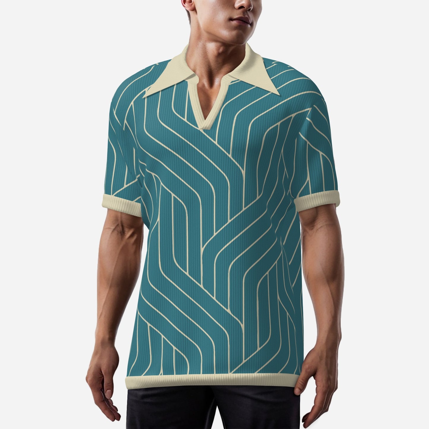 Retro Polo Shirt, Teal Polo Shirt, 70s Polo Shirt, Stripe Polo Shirt, Disco Stripe Polo Shirt