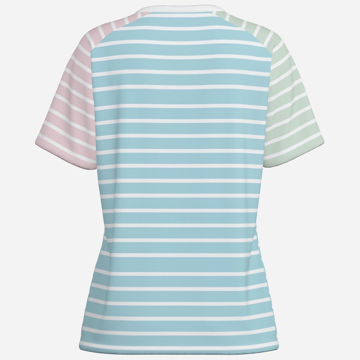 Women’s 80s Retro T-Shirt | Pink Green Color Block Raglan Tee | Pastel Blue Stripe Cotton Top | Vintage Style Shirt