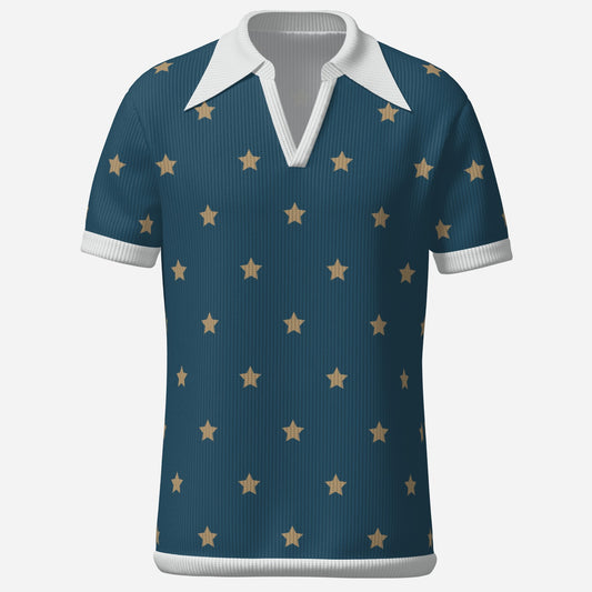Retro Polo Shirt, 70s Wing Collar Shirt, Blue Star shirt, Blue Knit polo Shirt, Star print shirt