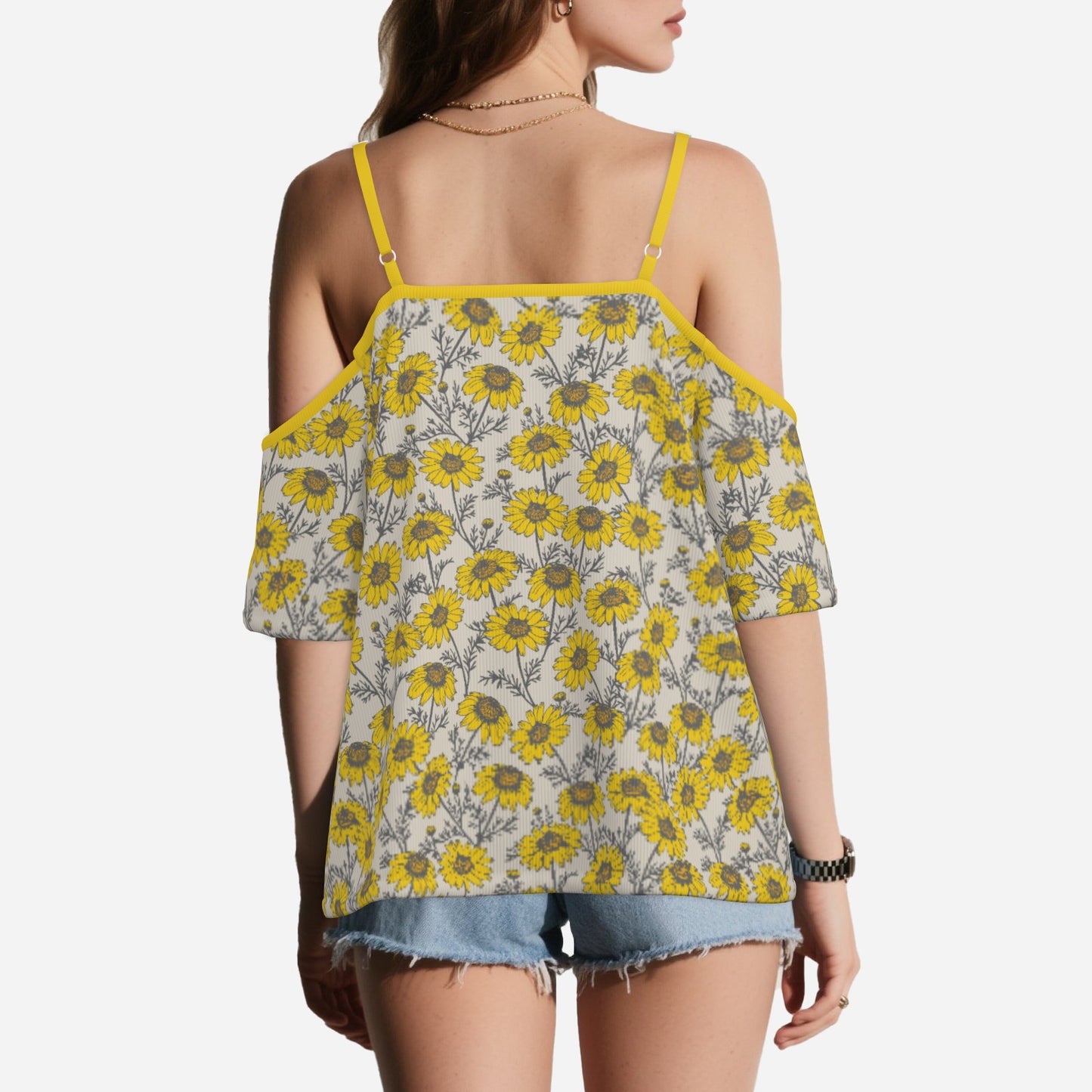 Women’s Yellow Floral Off Shoulder Top | Eco-Friendly Imitation Cotton Flutter Sleeve Blouse