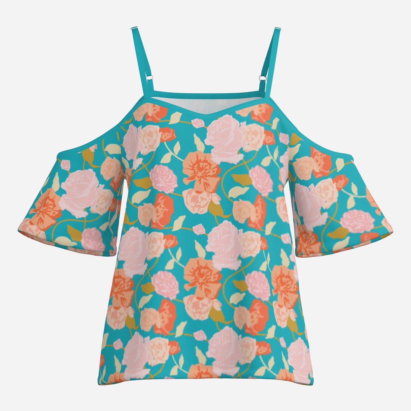 Women’s Turquoise Off Shoulder Top | Eco-Friendly Imitation Cotton Flutter Sleeve Floral Blouse