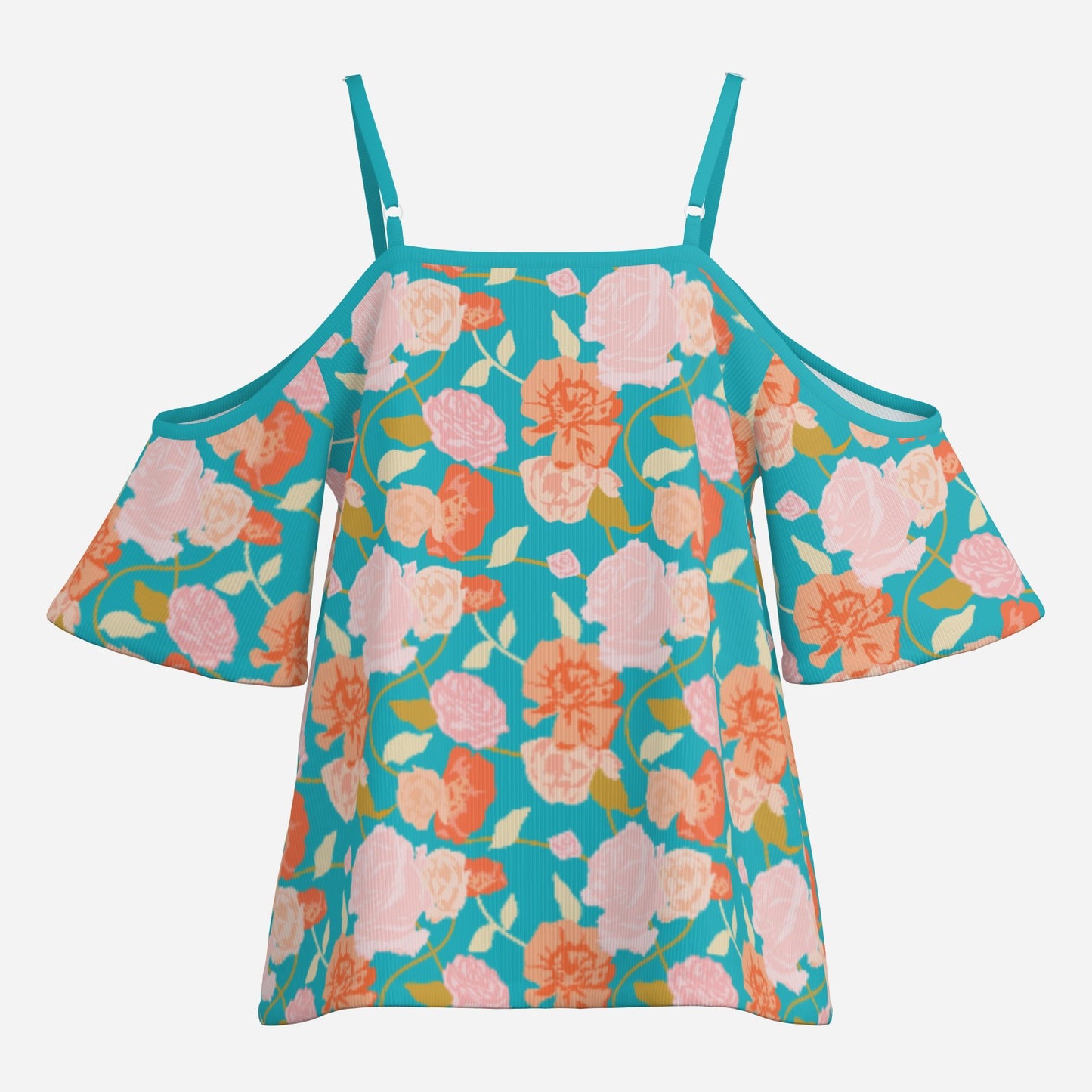 Women’s Turquoise Off Shoulder Top | Eco-Friendly Imitation Cotton Flutter Sleeve Floral Blouse