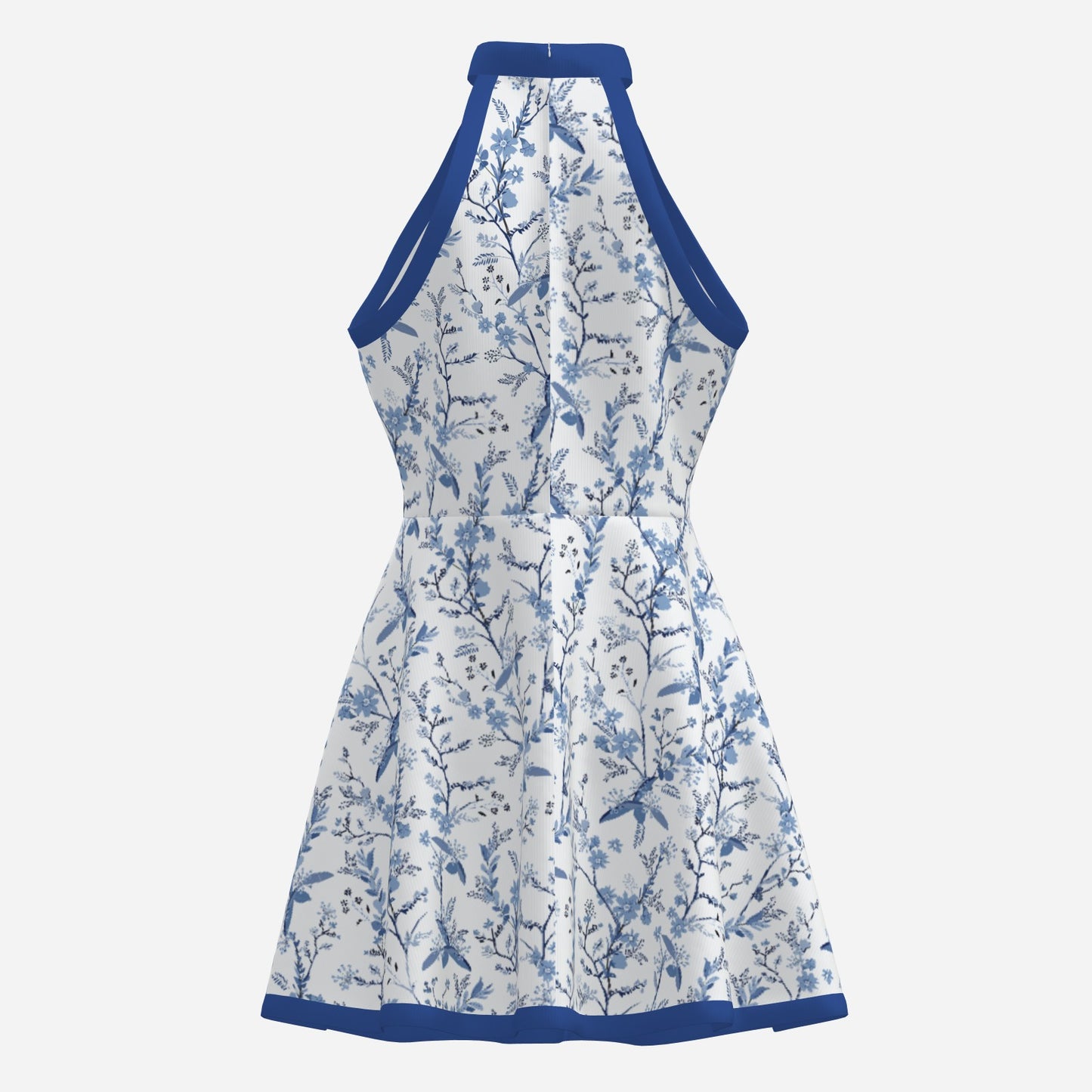 60s Style Dress | Retro Blue Floral Halter Mini Dress | Vintage Sleeveless A-Line Dress with Blue Trim