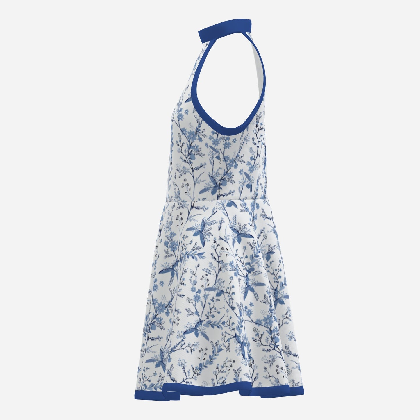 60s Style Dress | Retro Blue Floral Halter Mini Dress | Vintage Sleeveless A-Line Dress with Blue Trim