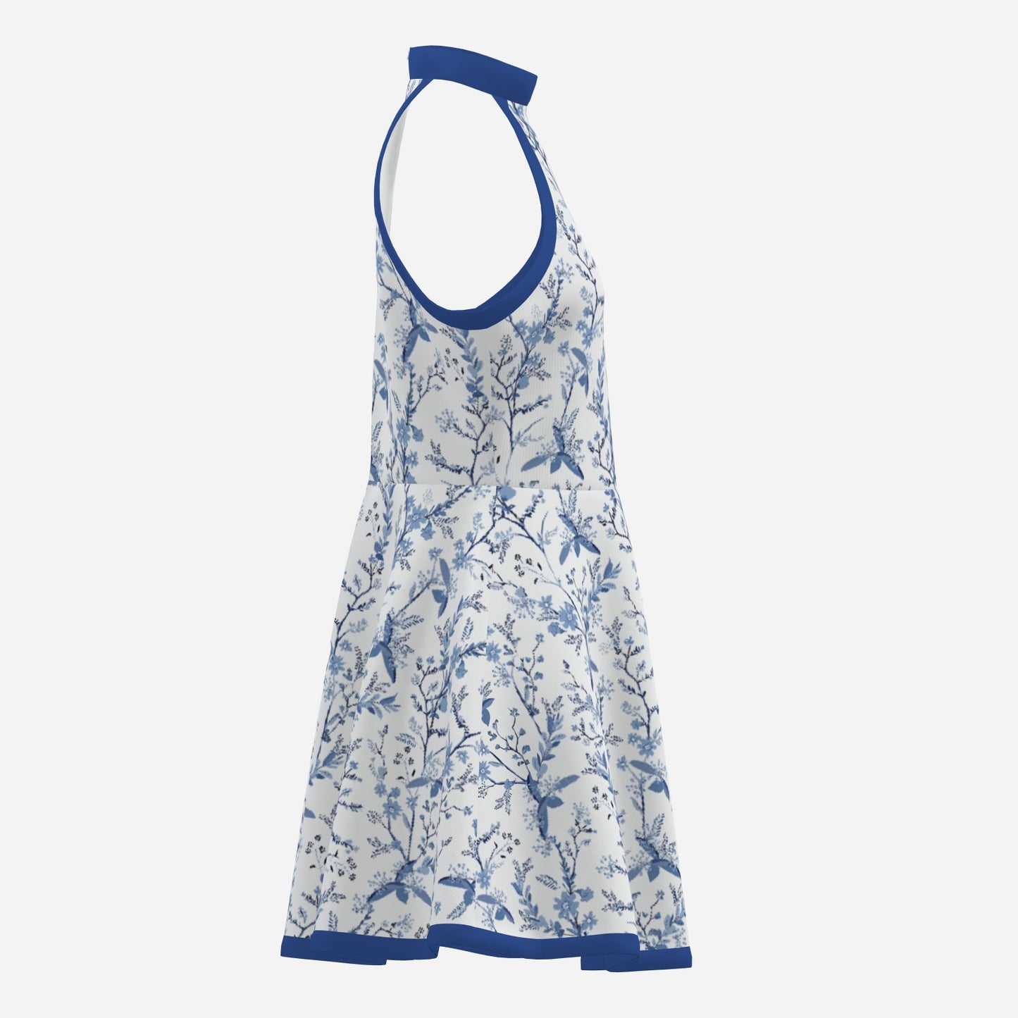 60s Style Dress | Retro Blue Floral Halter Mini Dress | Vintage Sleeveless A-Line Dress with Blue Trim