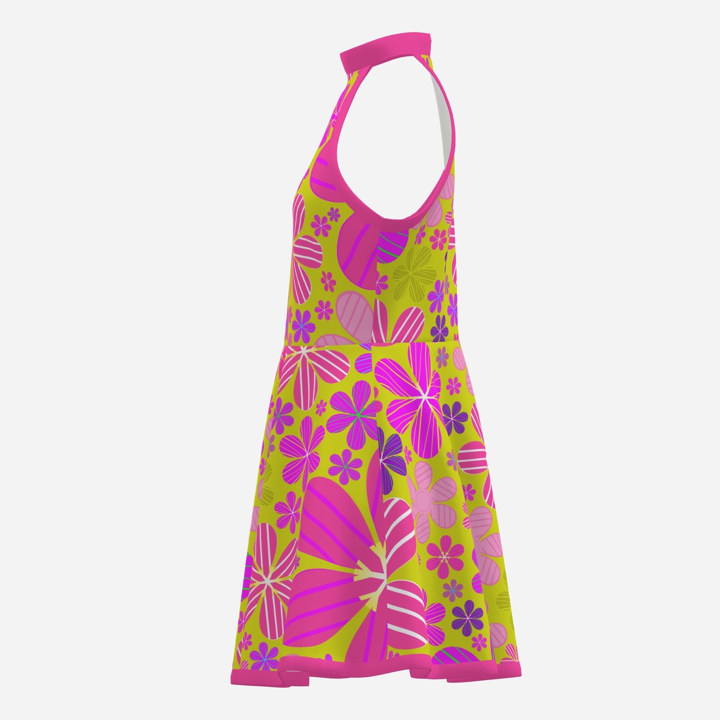 Mod 60s Style Dress | 70s Hippie Retro Halter Mini Dress | Neon Pink & Green Floral Sleeveless A-Line Dress |