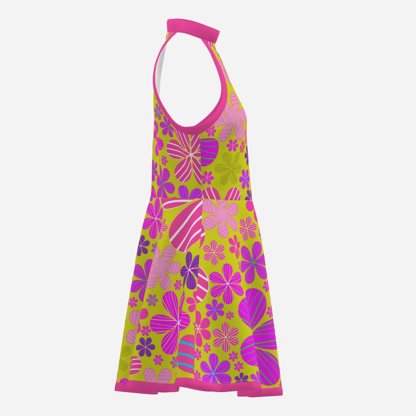 Mod 60s Style Dress | 70s Hippie Retro Halter Mini Dress | Neon Pink & Green Floral Sleeveless A-Line Dress |