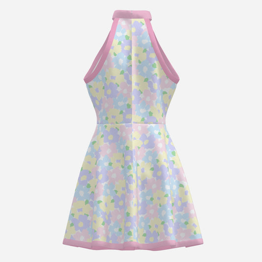 Mod 60s dress style, Vintage Style Dress, Pink Pastel floral mini dress, Sleeveless Retro Halter Dress