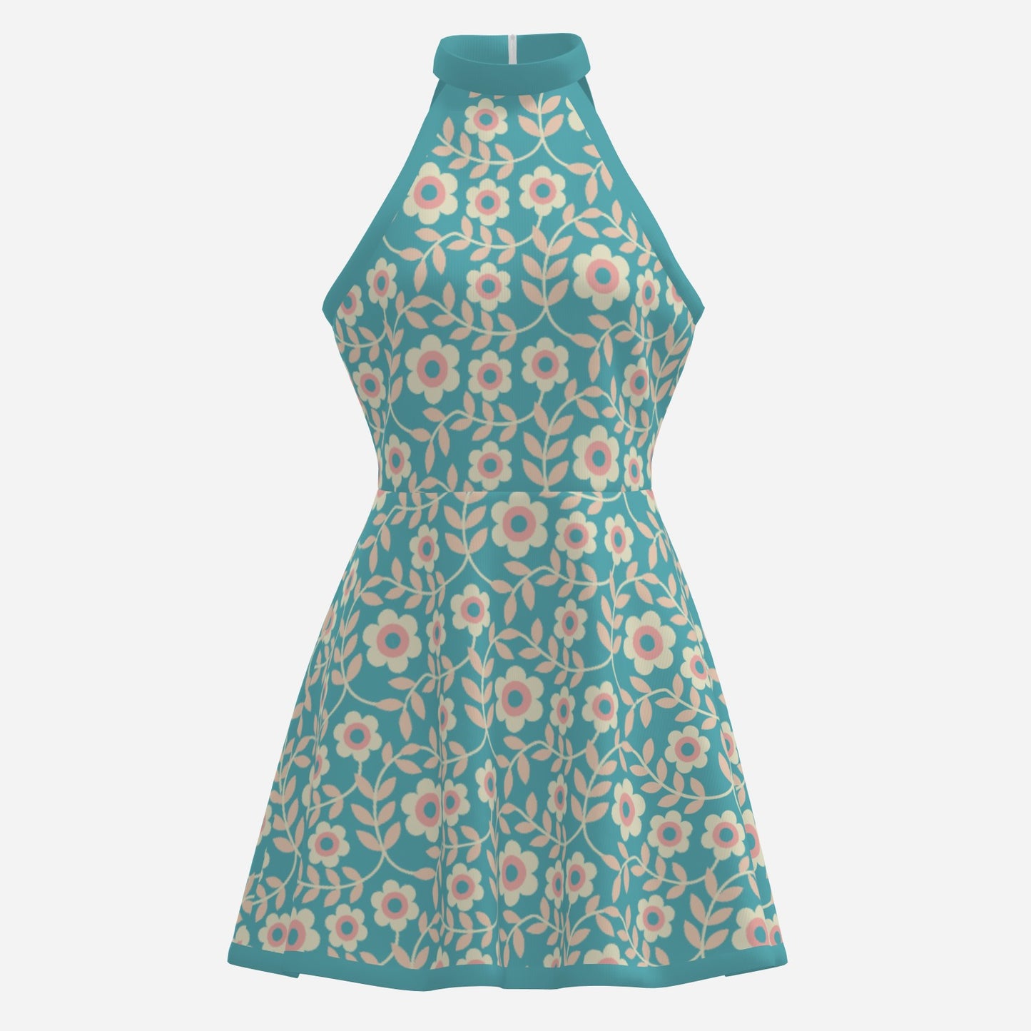Vintage 60s Style Dress, Retro Turquoise Dress, Mod Turquoise Halter mini Dress, Retro Floral Mini Dress