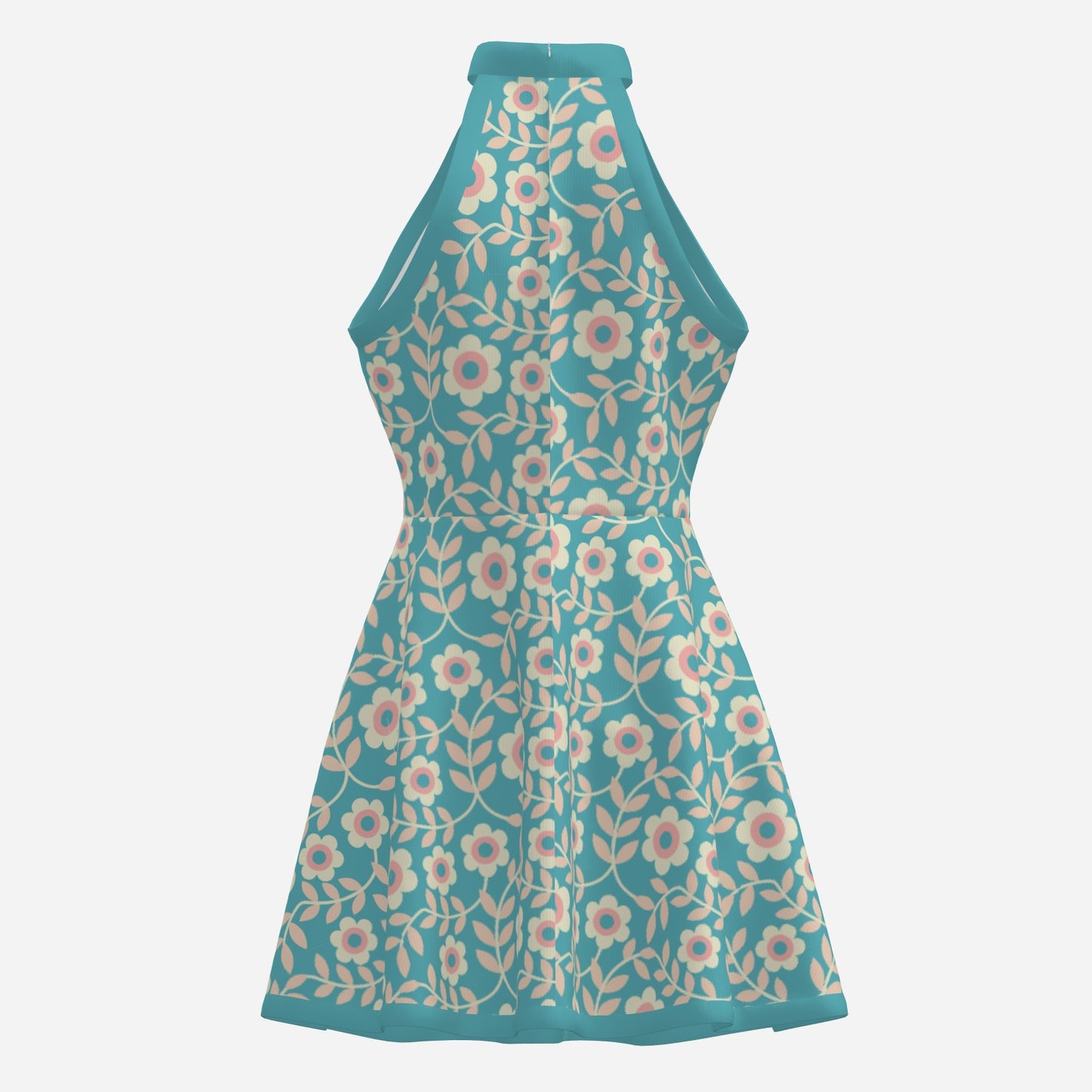 Vintage 60s Style Dress, Retro Turquoise Dress, Mod Turquoise Halter mini Dress, Retro Floral Mini Dress