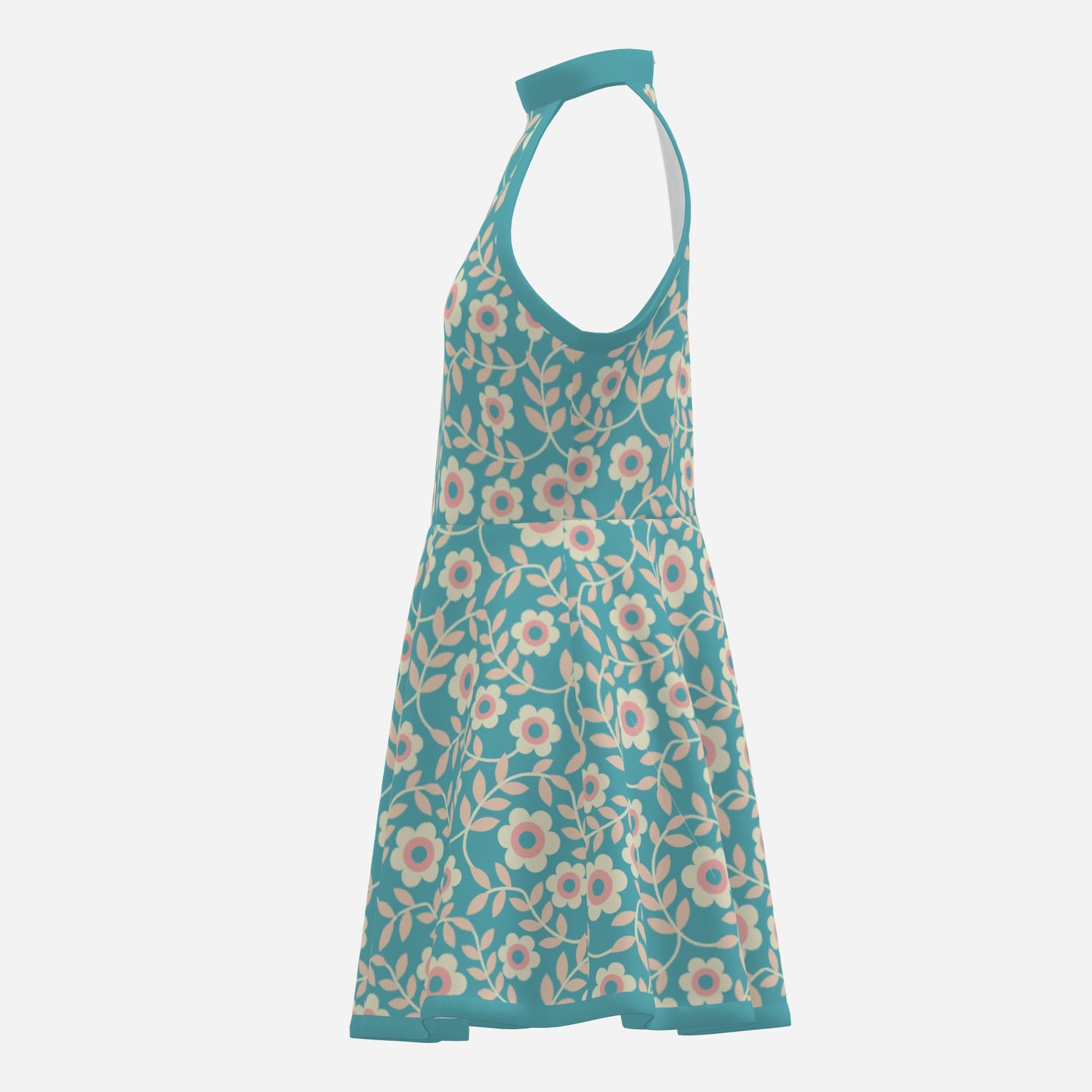 Vintage 60s Style Dress, Retro Turquoise Dress, Mod Turquoise Halter mini Dress, Retro Floral Mini Dress