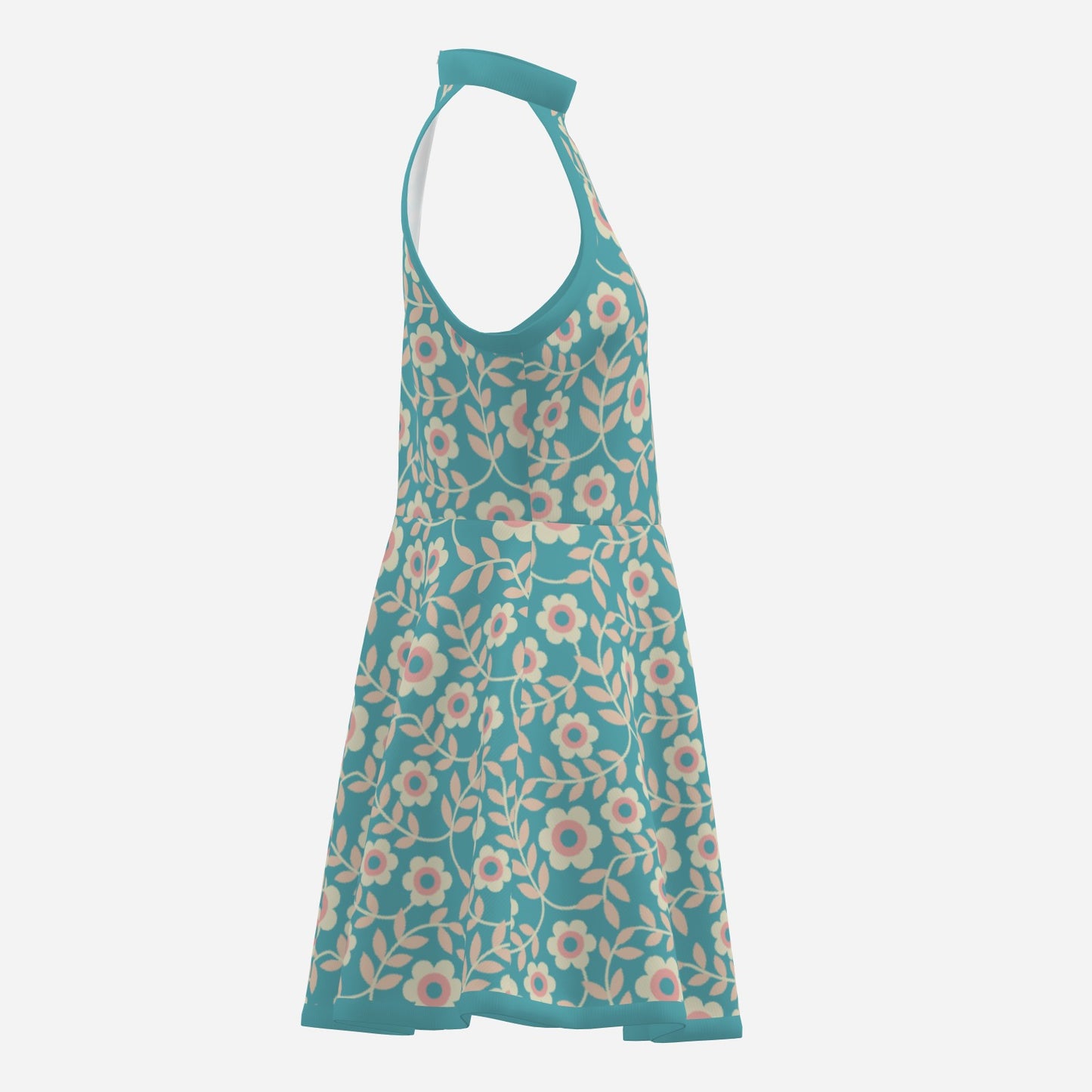 Vintage 60s Style Dress, Retro Turquoise Dress, Mod Turquoise Halter mini Dress, Retro Floral Mini Dress