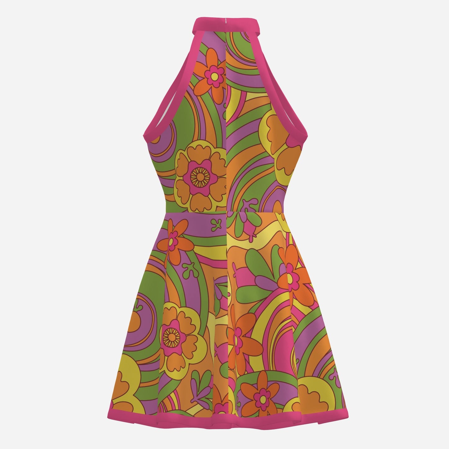 60s 70s Style Dress | Mod Floral Halter Mini Dress | Hippie Multicolor Pink A-Line Mini Dress