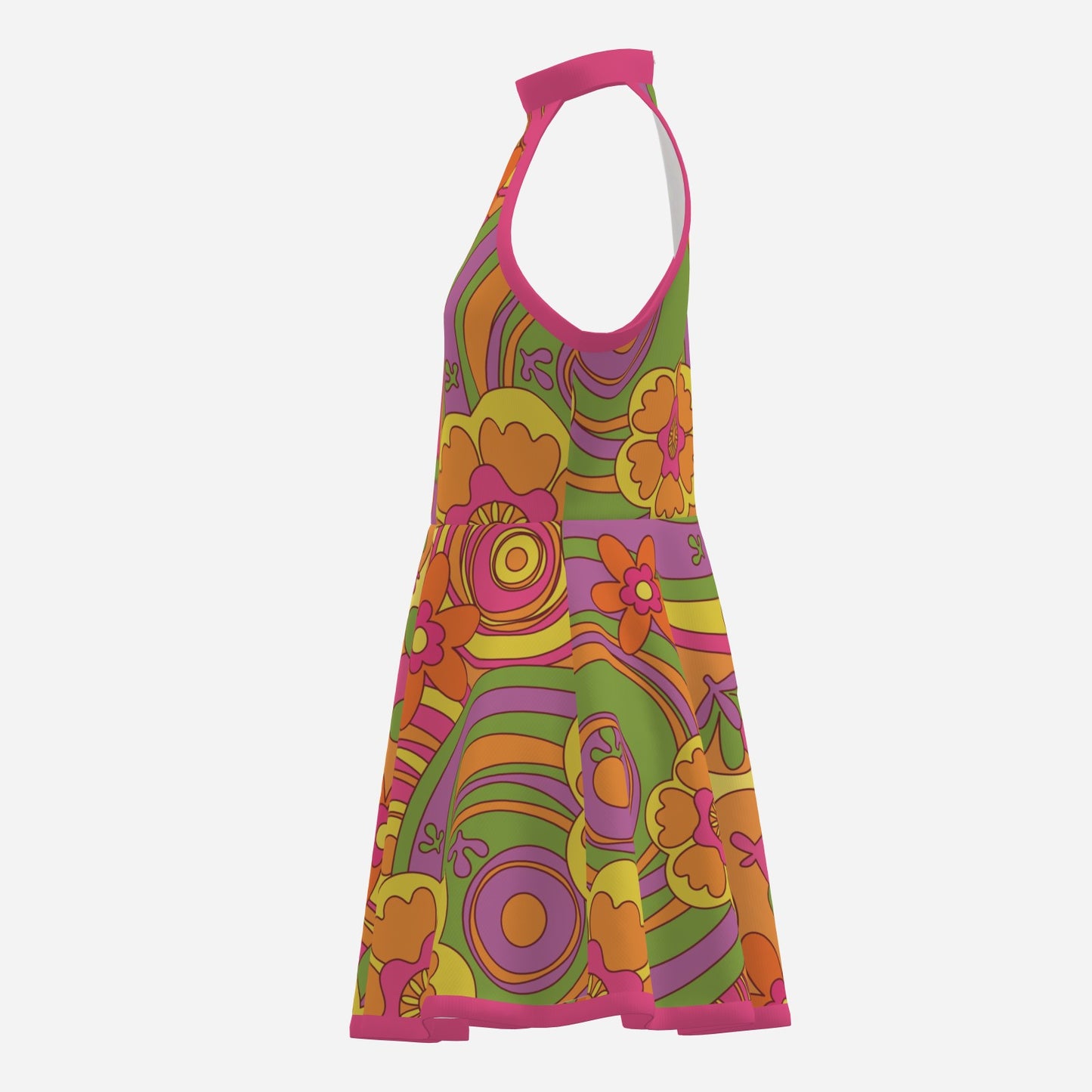 60s 70s Style Dress | Mod Floral Halter Mini Dress | Hippie Multicolor Pink A-Line Mini Dress