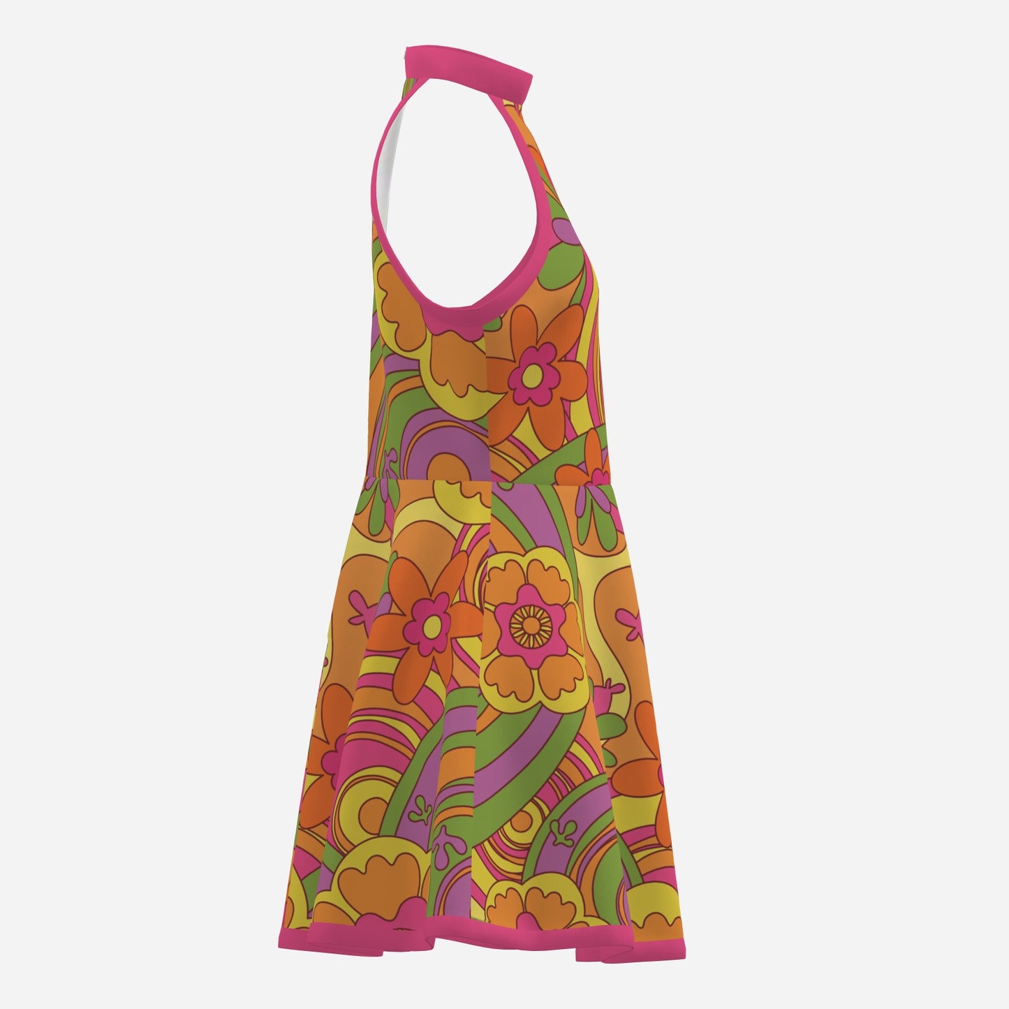 60s 70s Style Dress | Mod Floral Halter Mini Dress | Hippie Multicolor Pink A-Line Mini Dress