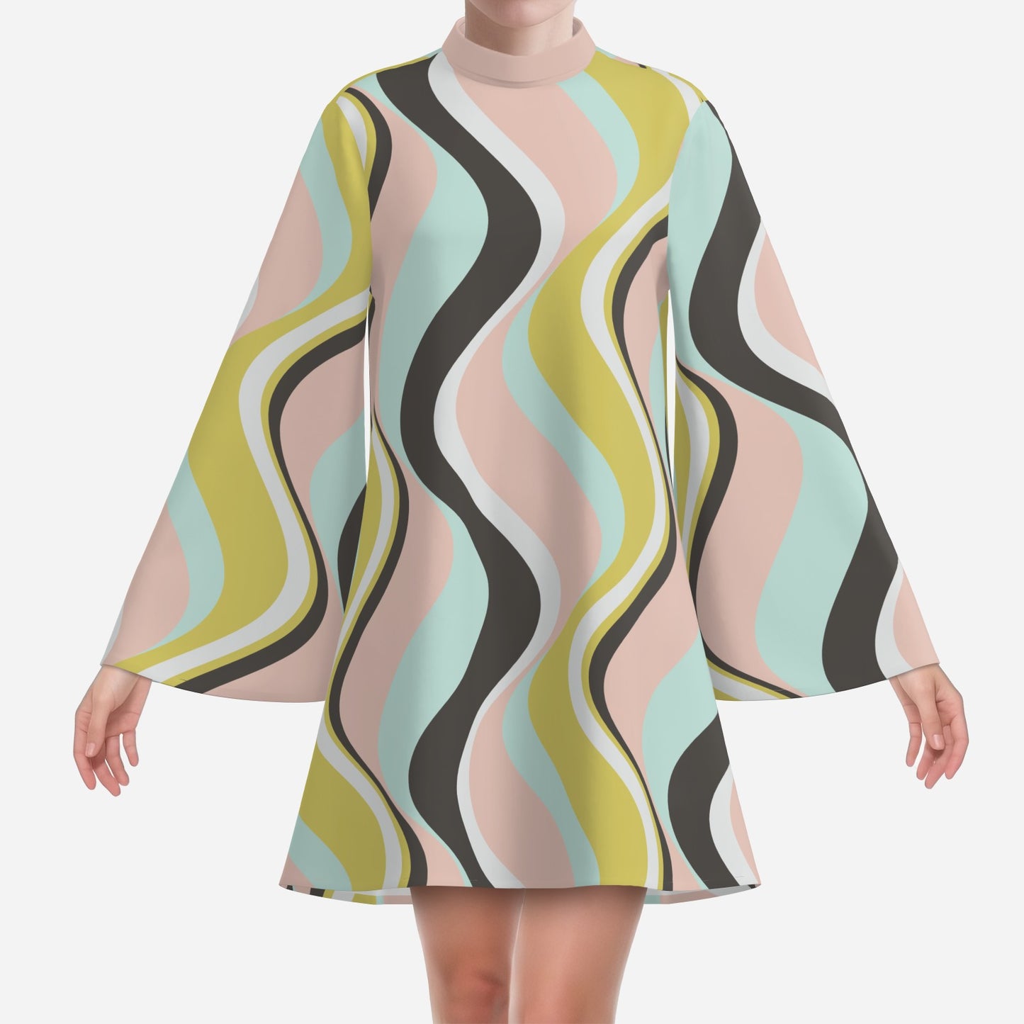 70s Dress Style, Groovy 70s Style Dress, 70s Bell sleeve Dress, Green Pink Stripe Tent Dress, Retro 70s Dress