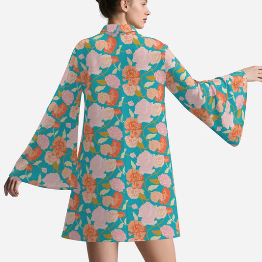 70s Style Dress | Retro Turquoise Floral Bell Sleeve Mini Dress | Vintage Turtleneck Chiffon Dress | Trendy Hip Buys Exclusive