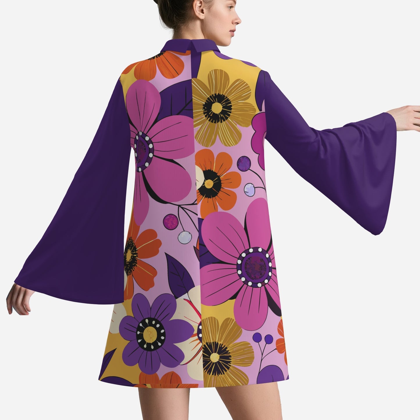 70s Dress Style | Purple Bell Sleeve Tent Dress | Floral Retro 70s Disco Dress | Turtle Neck Mini Dress