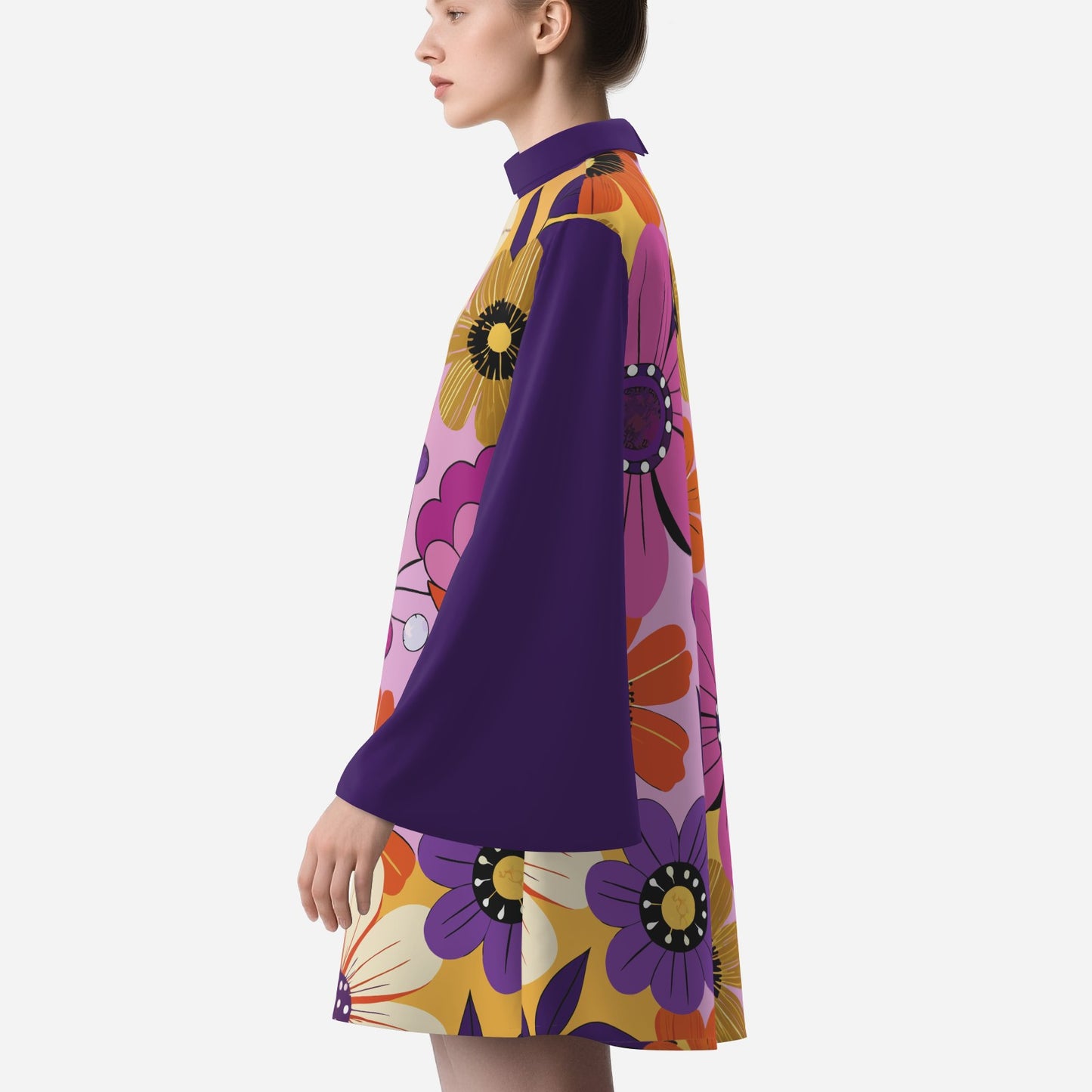 70s Dress Style | Purple Bell Sleeve Tent Dress | Floral Retro 70s Disco Dress | Turtle Neck Mini Dress