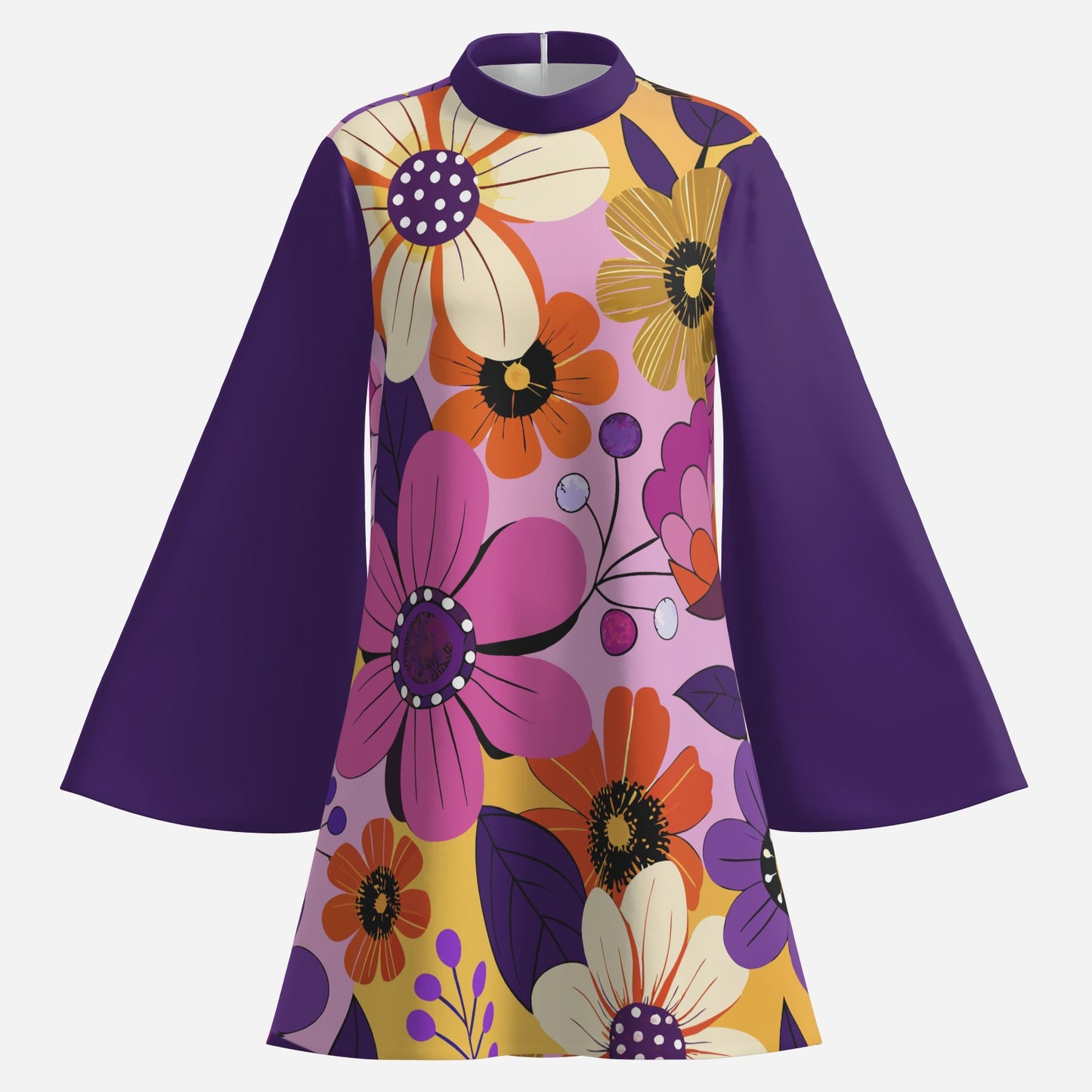 70s Dress Style | Purple Bell Sleeve Tent Dress | Floral Retro 70s Disco Dress | Turtle Neck Mini Dress