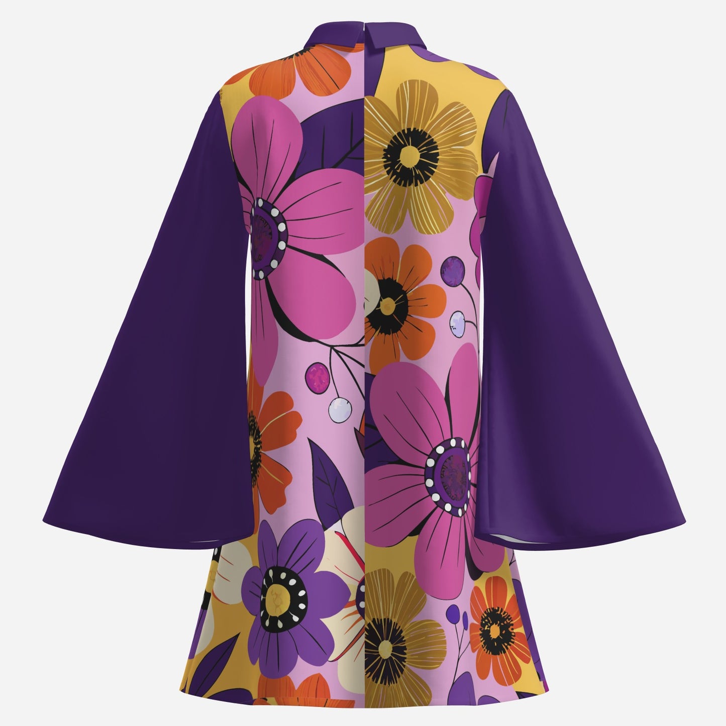 70s Dress Style | Purple Bell Sleeve Tent Dress | Floral Retro 70s Disco Dress | Turtle Neck Mini Dress