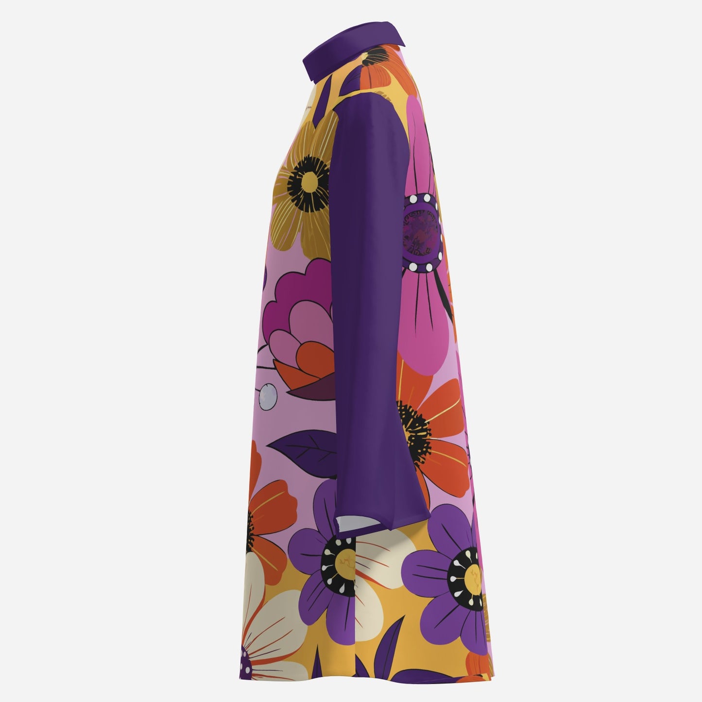 70s Dress Style | Purple Bell Sleeve Tent Dress | Floral Retro 70s Disco Dress | Turtle Neck Mini Dress